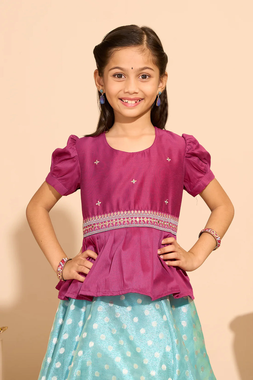Embroidered Kids Skirtset with Bocade Skirt - Pink & Blue
