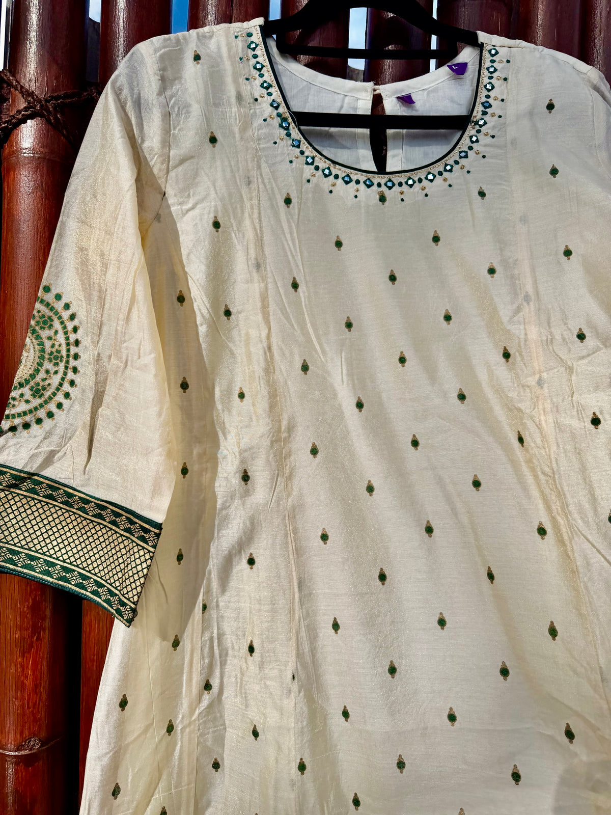 Jewel Inspired Printed With Geometric Embroidered Kurta Green