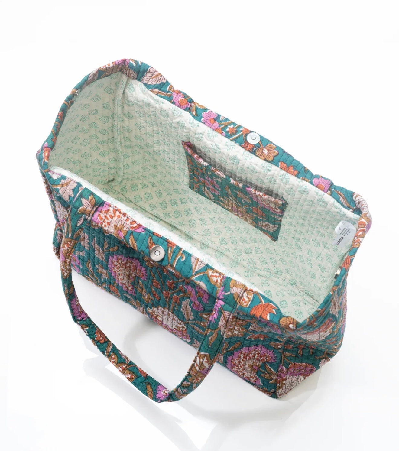 Green Handmade Tote Bag With Printed Motifs With Button (14"H X 17"W X 8"D)