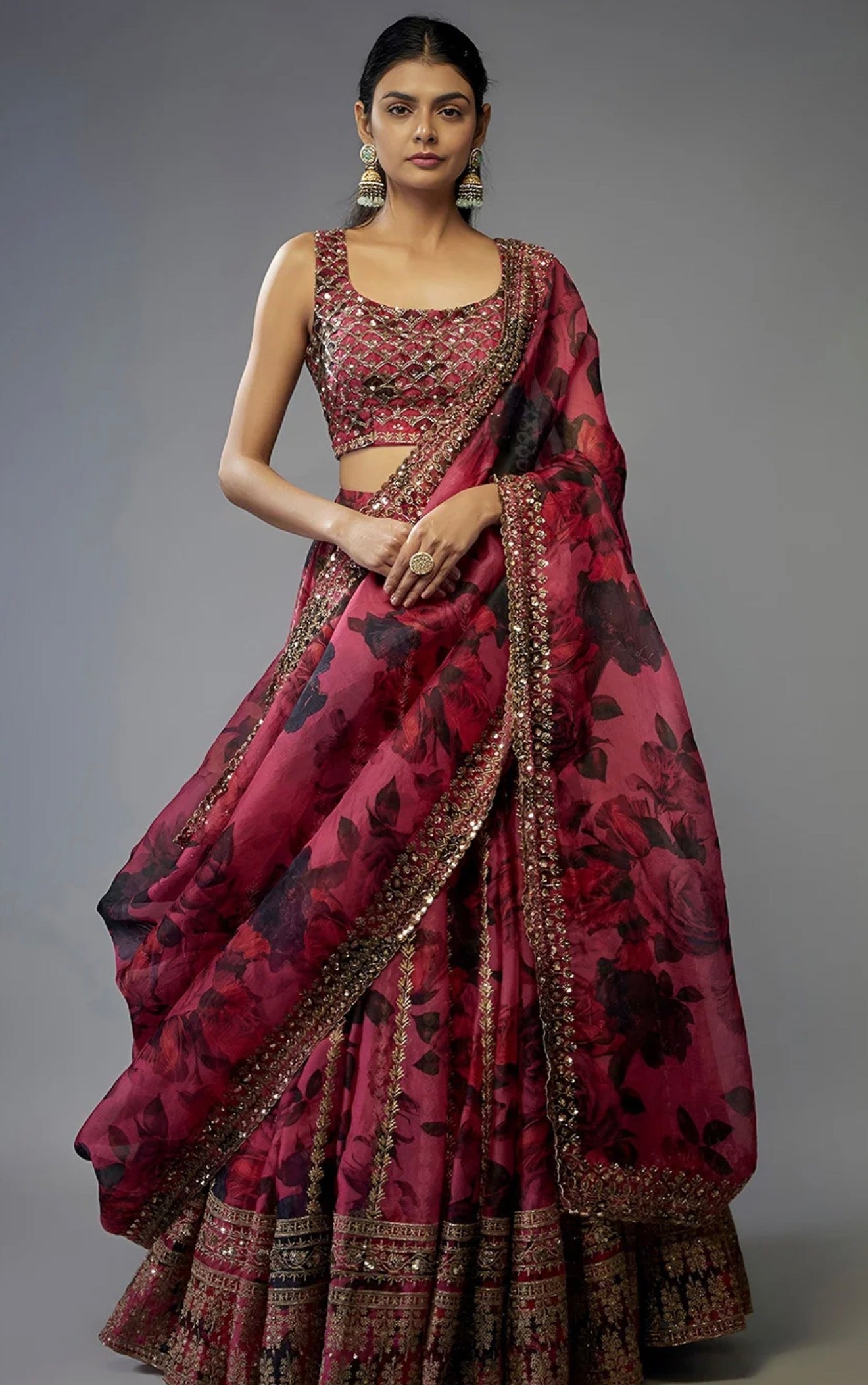 Printed Sequinned Semi-Stitched Lehenga & Unstitched Blouse With Dupatta              Size: SEMI-STITCHED (ONESIZE)