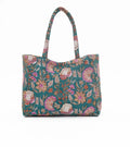 Green Handmade Tote Bag With Printed Motifs With Button (14"H X 17"W X 8"D)