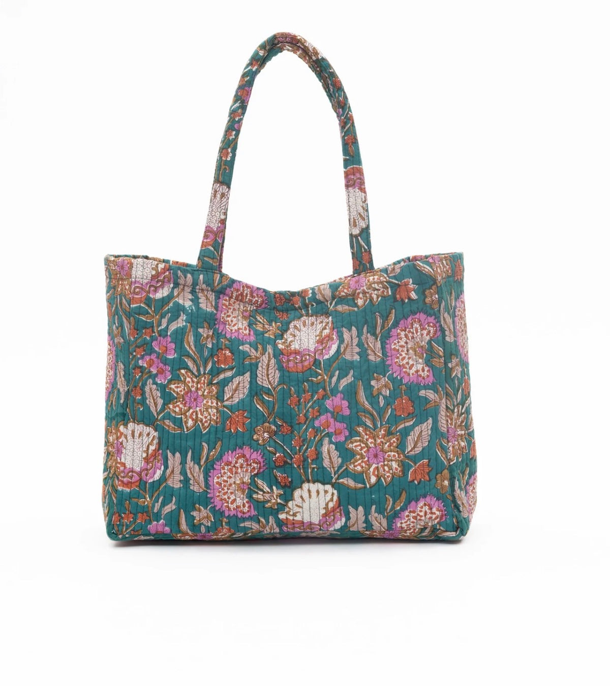 Green Handmade Tote Bag With Printed Motifs With Button (14"H X 17"W X 8"D)