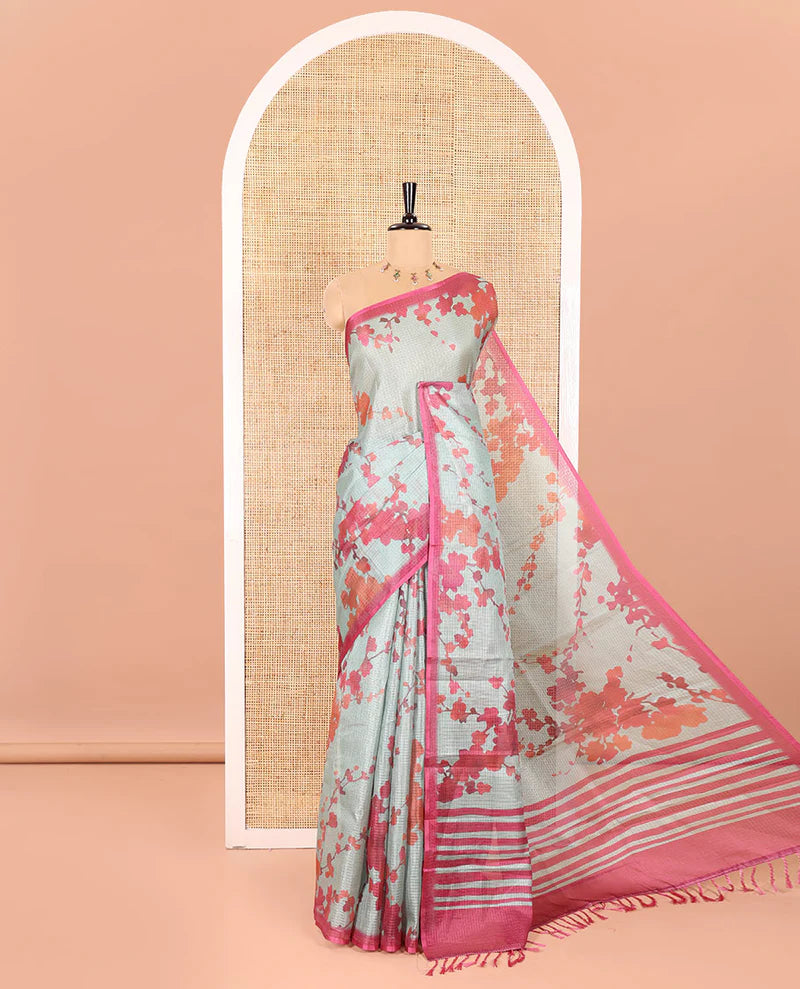 Borderless Beige Kota Chex Saree Prettified with Floral Motifs Digital Print, Subtle Pallu of Stripes, and Paired with a Contrast Plus Printed Blouse