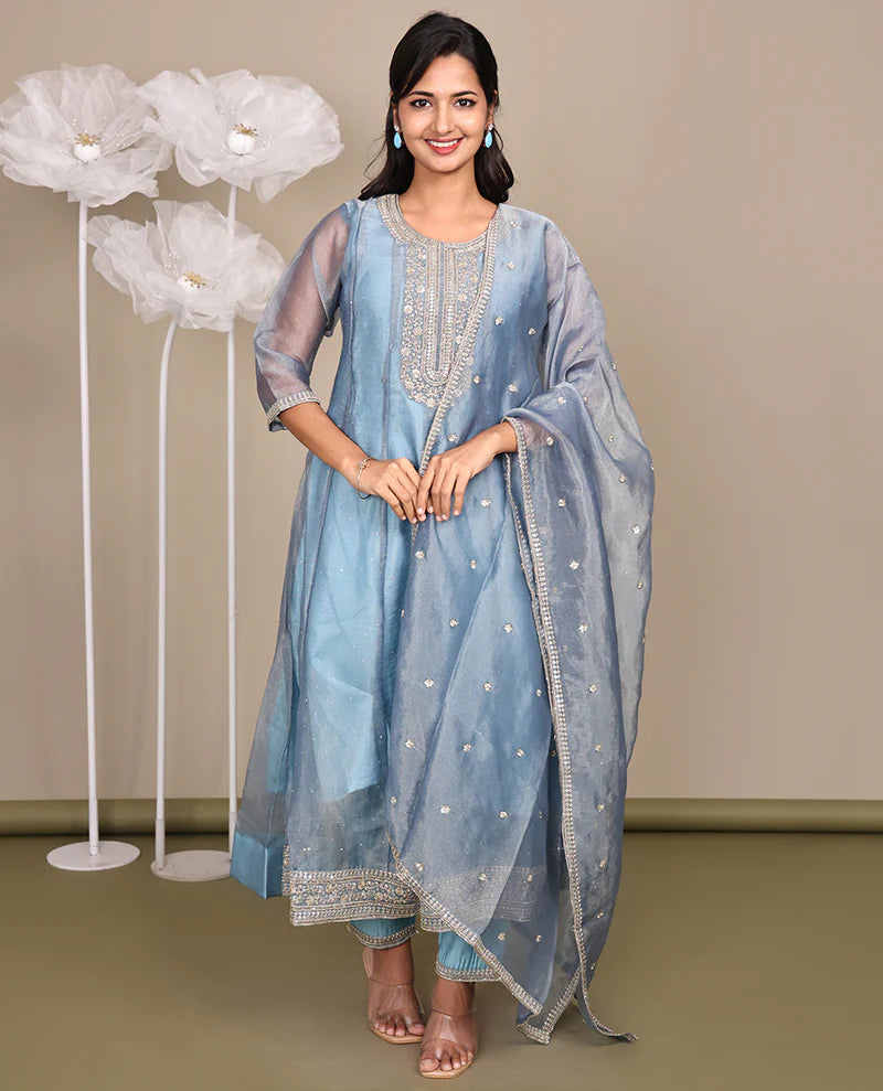 Grey Ready-Made Tissue Suit, Gleamed Up with Stonework, Embroidery, a Round Neckline, 3/4 Sleeves, and an A-Line Top, Paired with Straight-Cut Pants and an Embroidered Dupatta