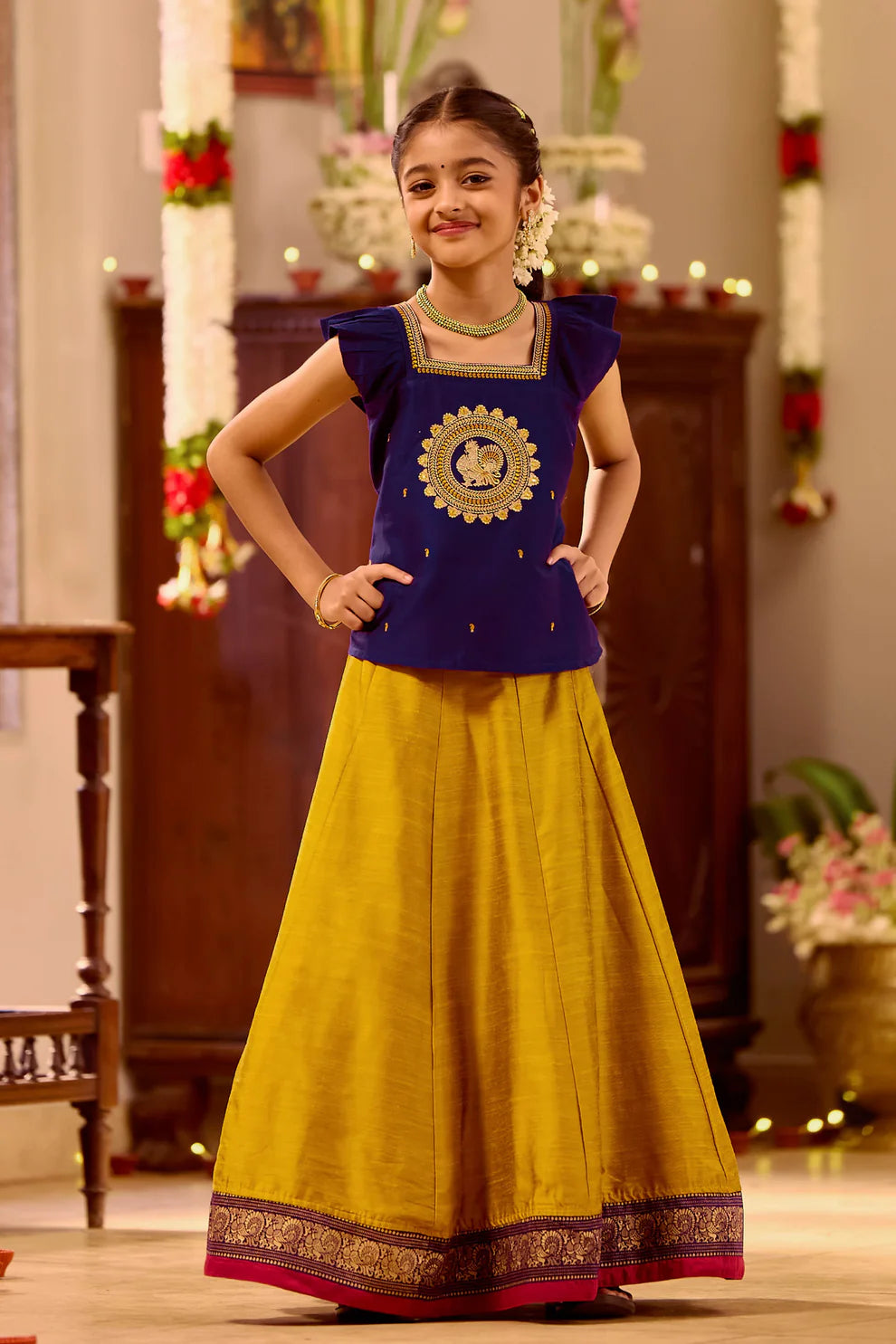 Purple & Mustard Kids Skirt Set with Annam Bird Embroidery