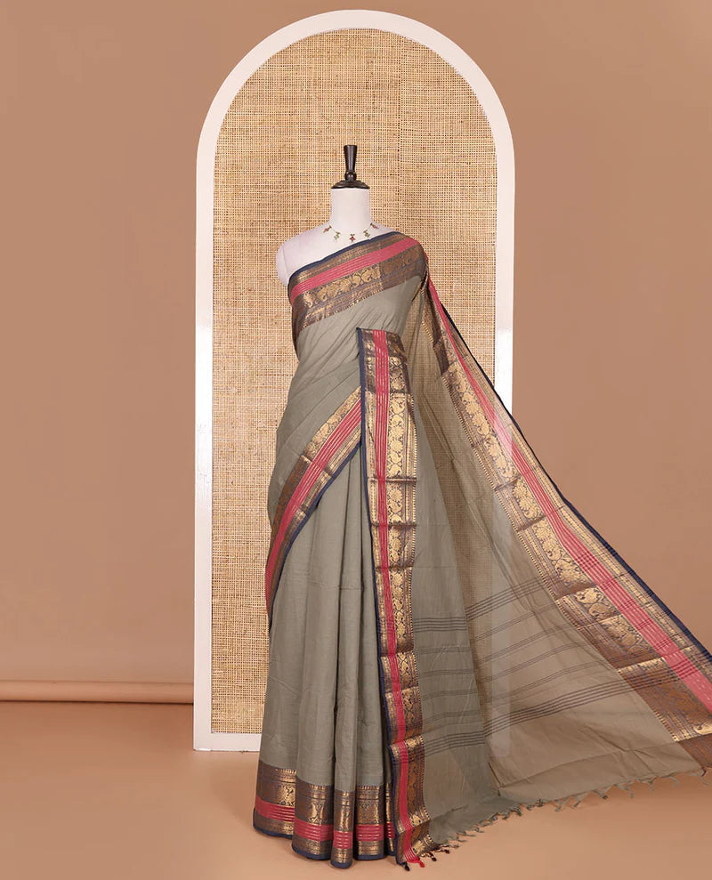 Light Grey zari buttas Chettinad cotton saree, contrast rettai pettu traditional zari border, striped pallu & blouse of zari border