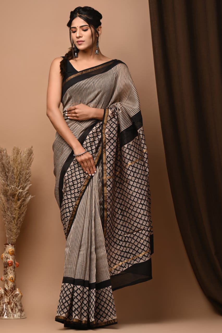 Pure chanderi silk saree with bagru handblock printed work