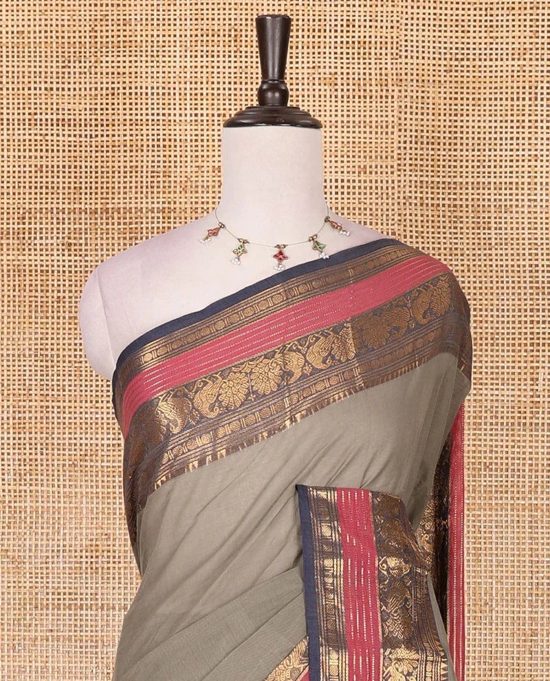 Light Grey zari buttas Chettinad cotton saree, contrast rettai pettu traditional zari border, striped pallu & blouse of zari border