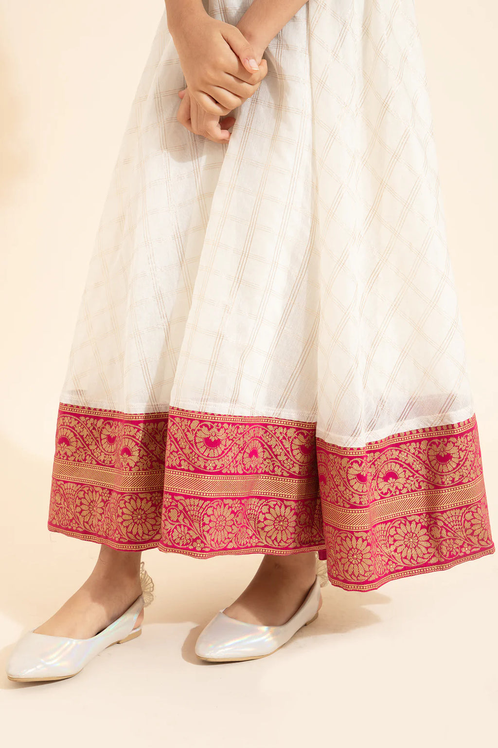 Kathakali Embroidered Kids Anarkali - Off-White & Pink