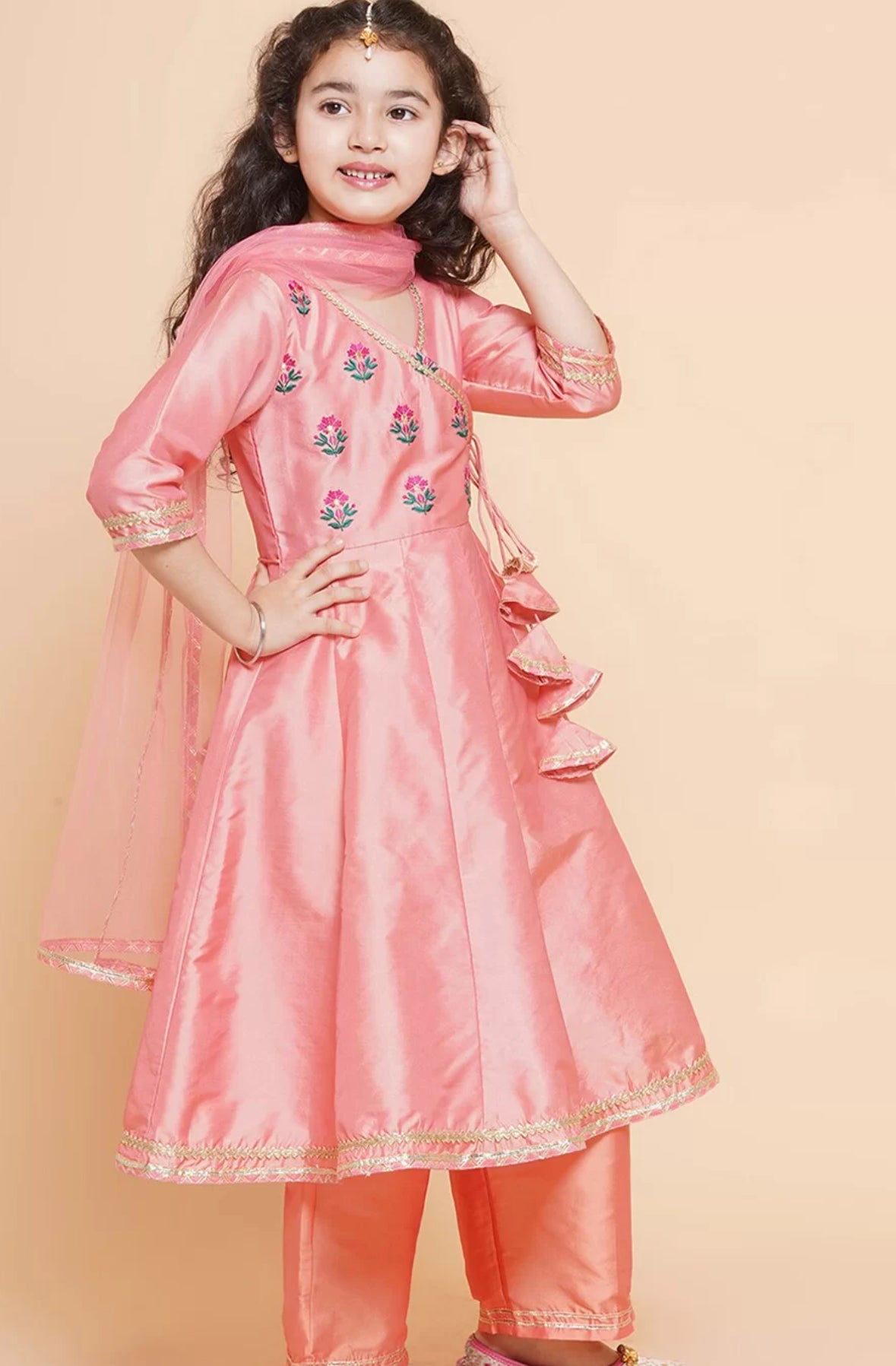 Girls embroidered Angrakha gotta patti kurta with trousers & dupatta