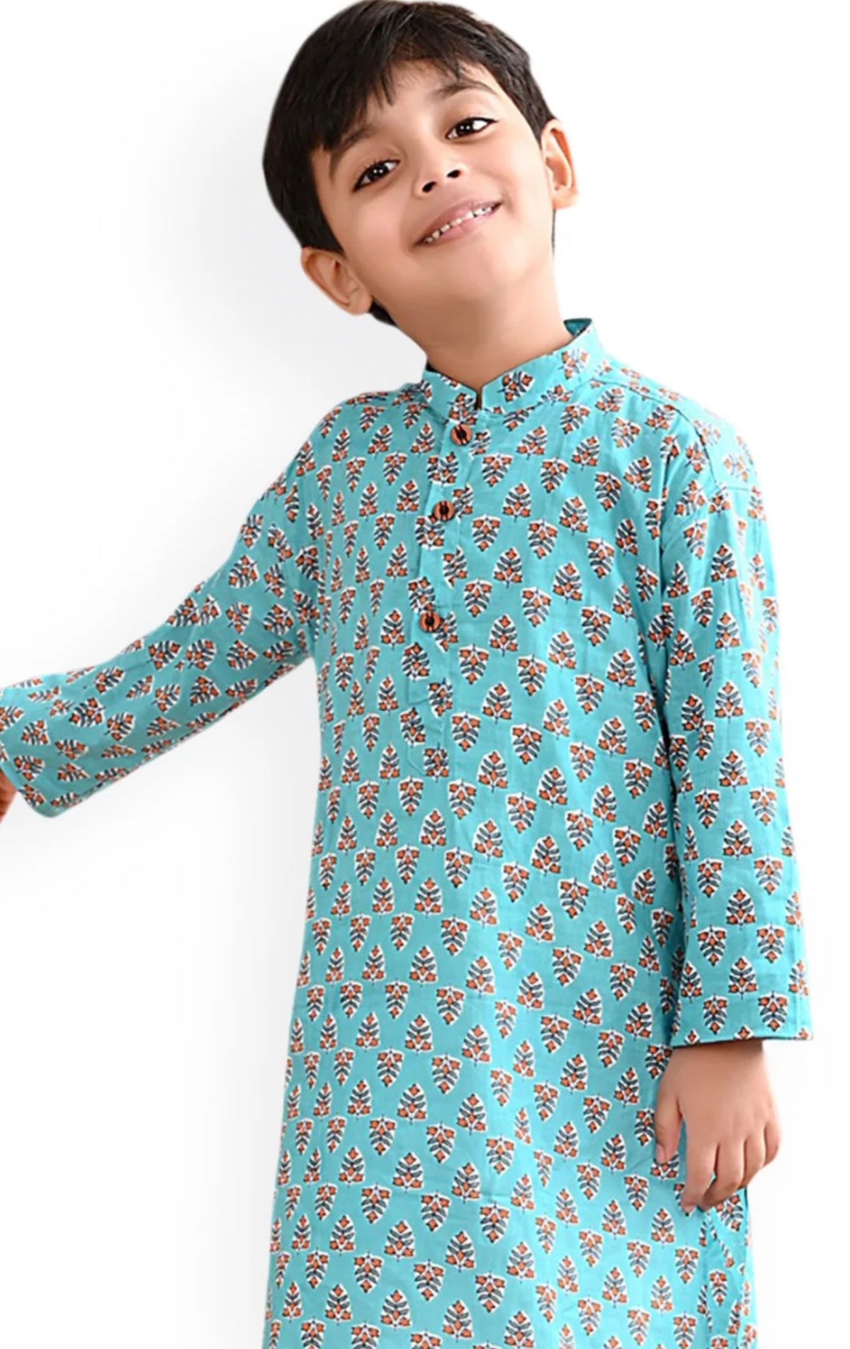 Blue Boys Ethnic Motifs Printed Mandarin Collar Cotton Straight Kurta