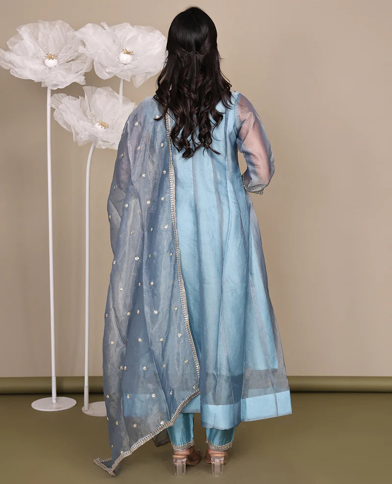 Grey Ready-Made Tissue Suit, Gleamed Up with Stonework, Embroidery, a Round Neckline, 3/4 Sleeves, and an A-Line Top, Paired with Straight-Cut Pants and an Embroidered Dupatta