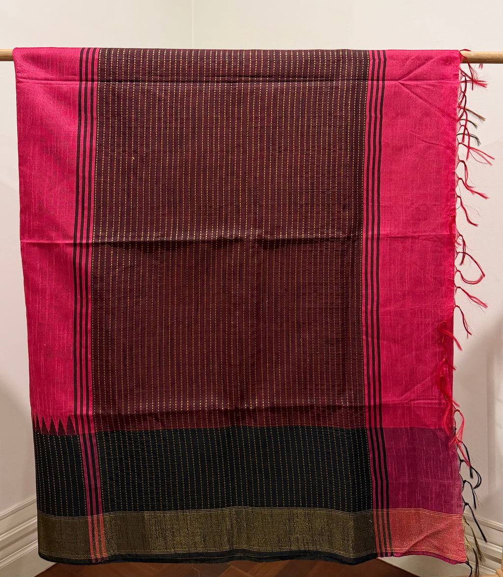 Pink plain dupion saree, contrast zari striped temple border, and zari striped pallu
