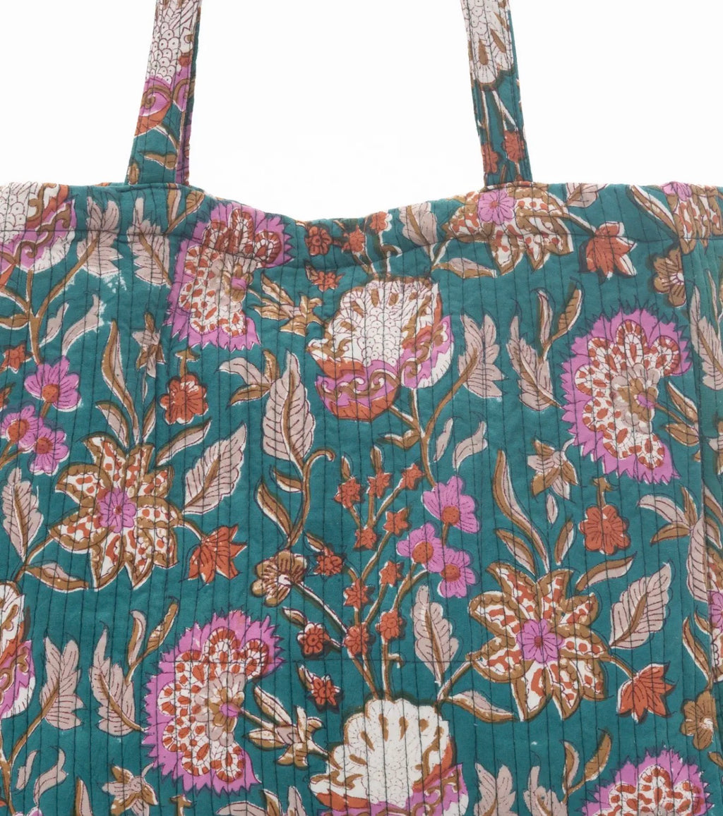 Green Handmade Tote Bag With Printed Motifs With Button (14"H X 17"W X 8"D)