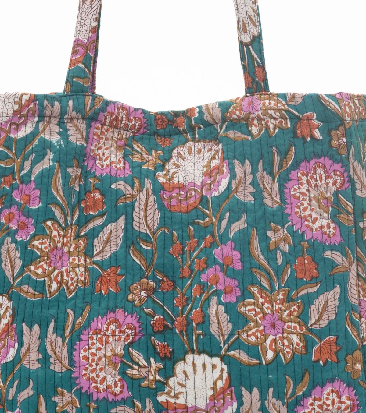 Green Handmade Tote Bag With Printed Motifs With Button (14"H X 17"W X 8"D)