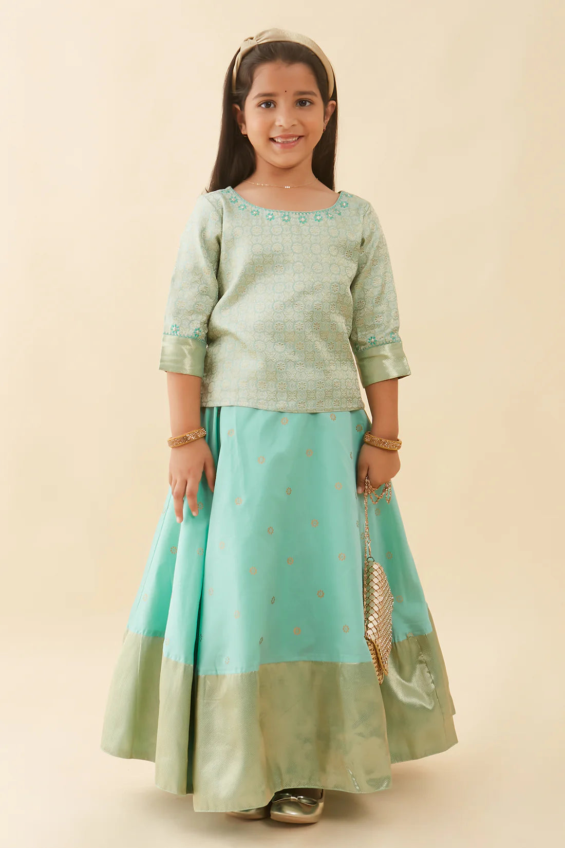 Contemporary Brocade Embroidered Top & Floral Printed Kids Skirt Set - Green