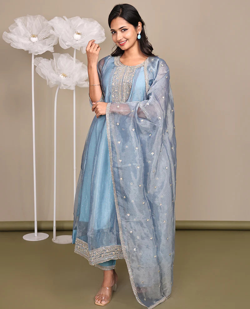 Grey Ready-Made Tissue Suit, Gleamed Up with Stonework, Embroidery, a Round Neckline, 3/4 Sleeves, and an A-Line Top, Paired with Straight-Cut Pants and an Embroidered Dupatta