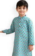 Blue Boys Ethnic Motifs Printed Mandarin Collar Cotton Straight Kurta