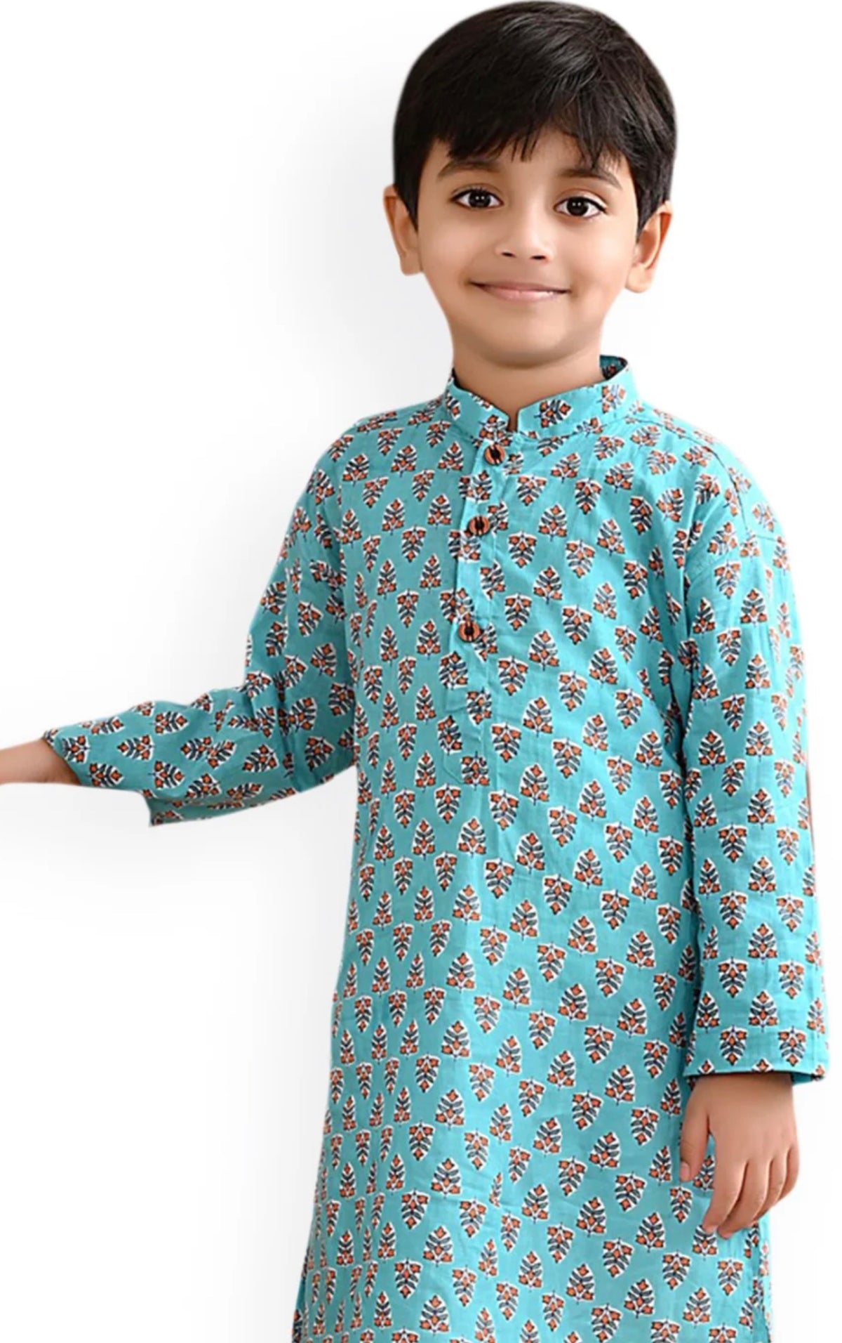 Blue Boys Ethnic Motifs Printed Mandarin Collar Cotton Straight Kurta