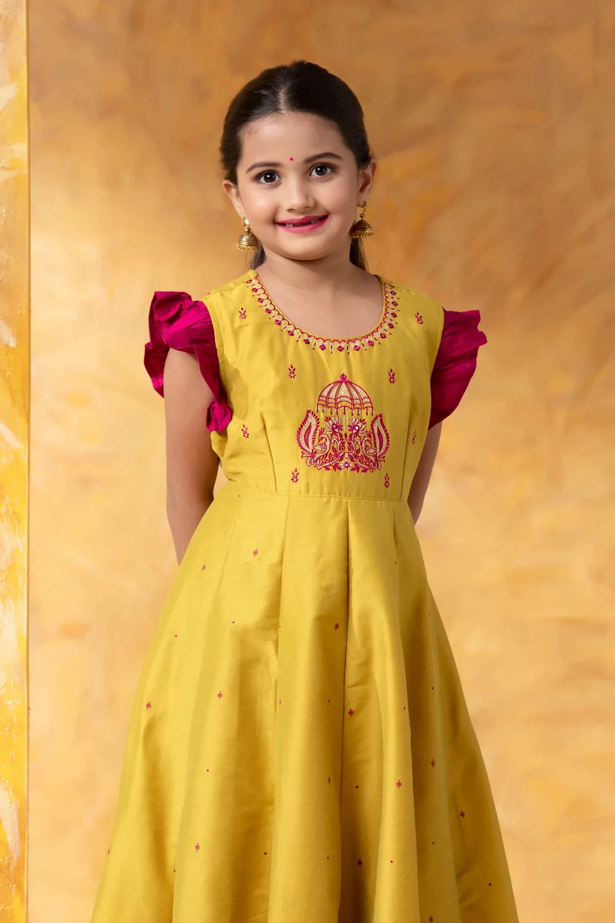 Lemon Green Kids Anarkali with Embroidery & Foil Work