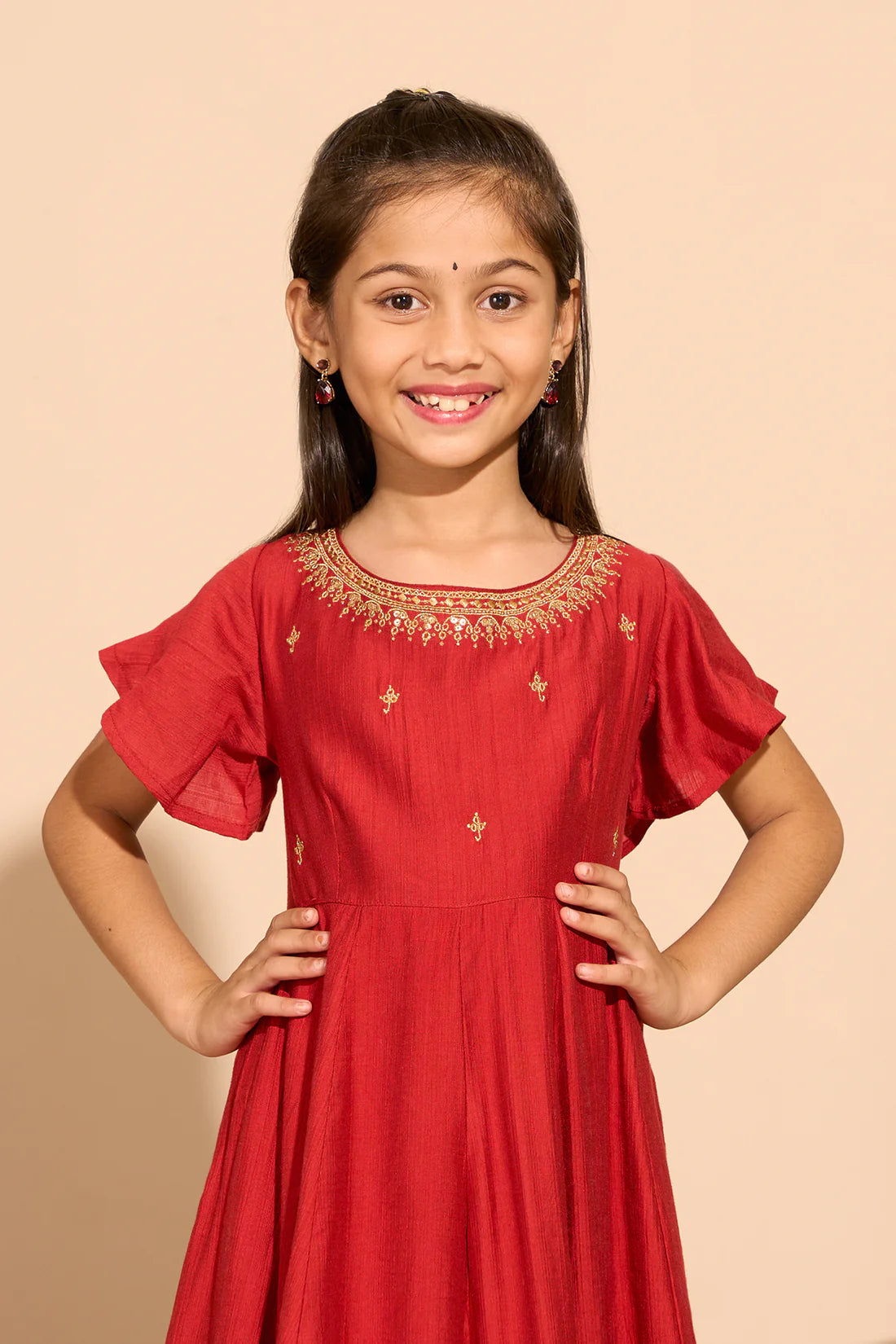 Jewel Embroidered Kids Anarkali - Rust