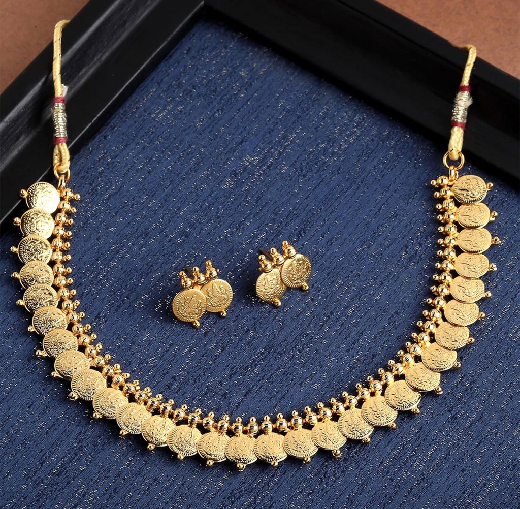 Gold Plated Lakshmi Temple Coin Necklace Set With Earrings