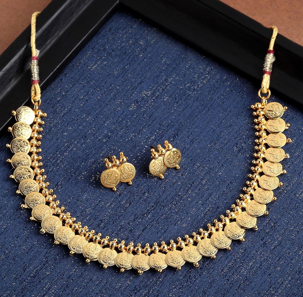Gold Plated Lakshmi Temple Coin Necklace Set With Earrings
