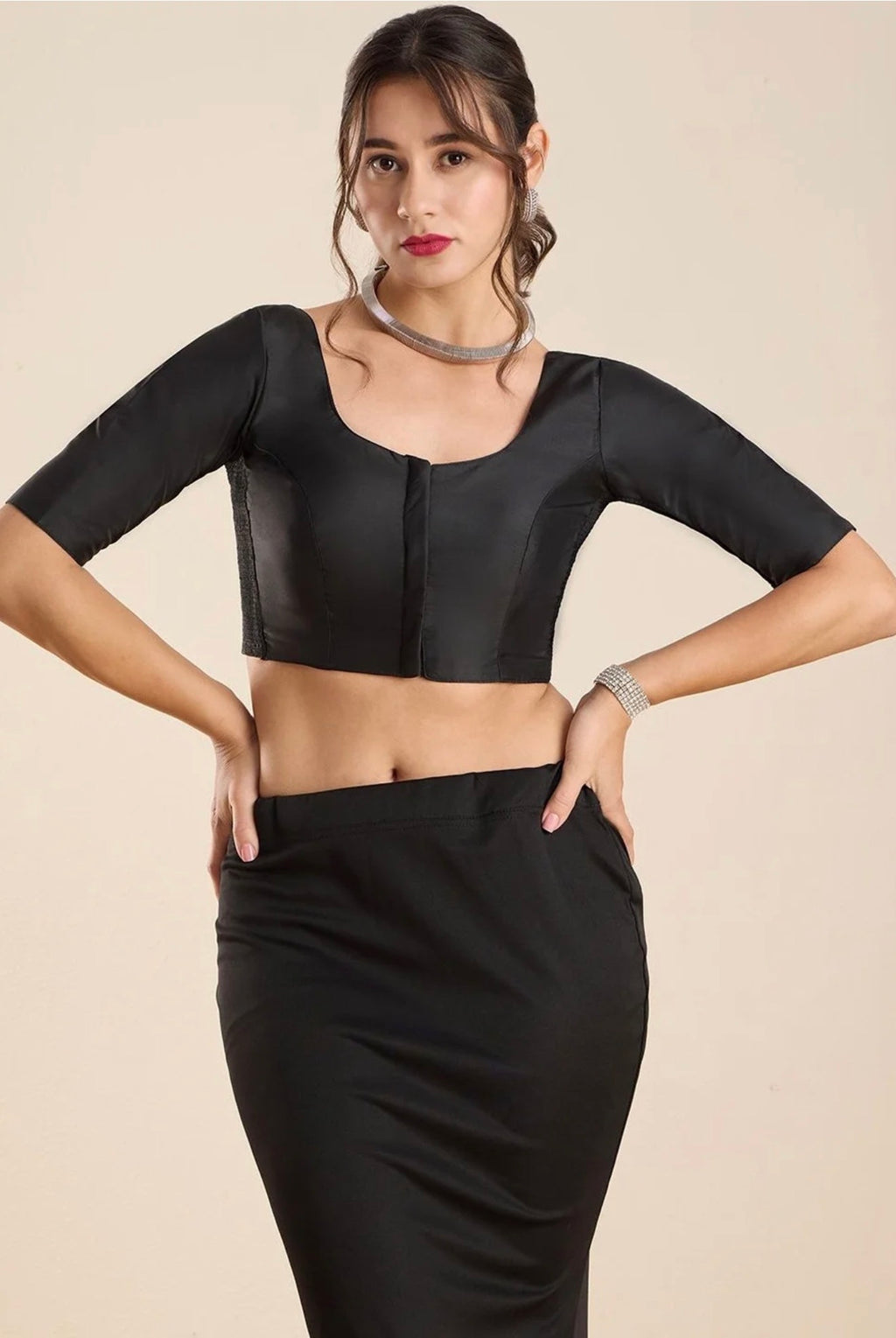 Stretchable Black Silk Round FlexiFit Padded Readymade Saree Blouse