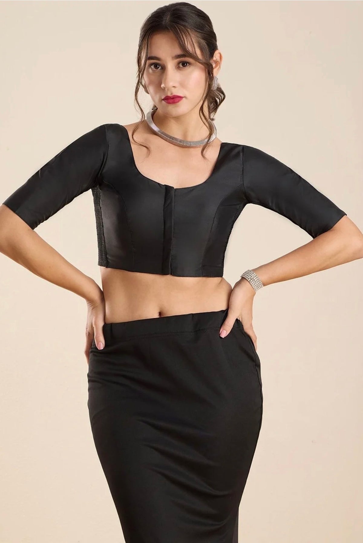 Stretchable Black Silk Round FlexiFit Padded Readymade Saree Blouse