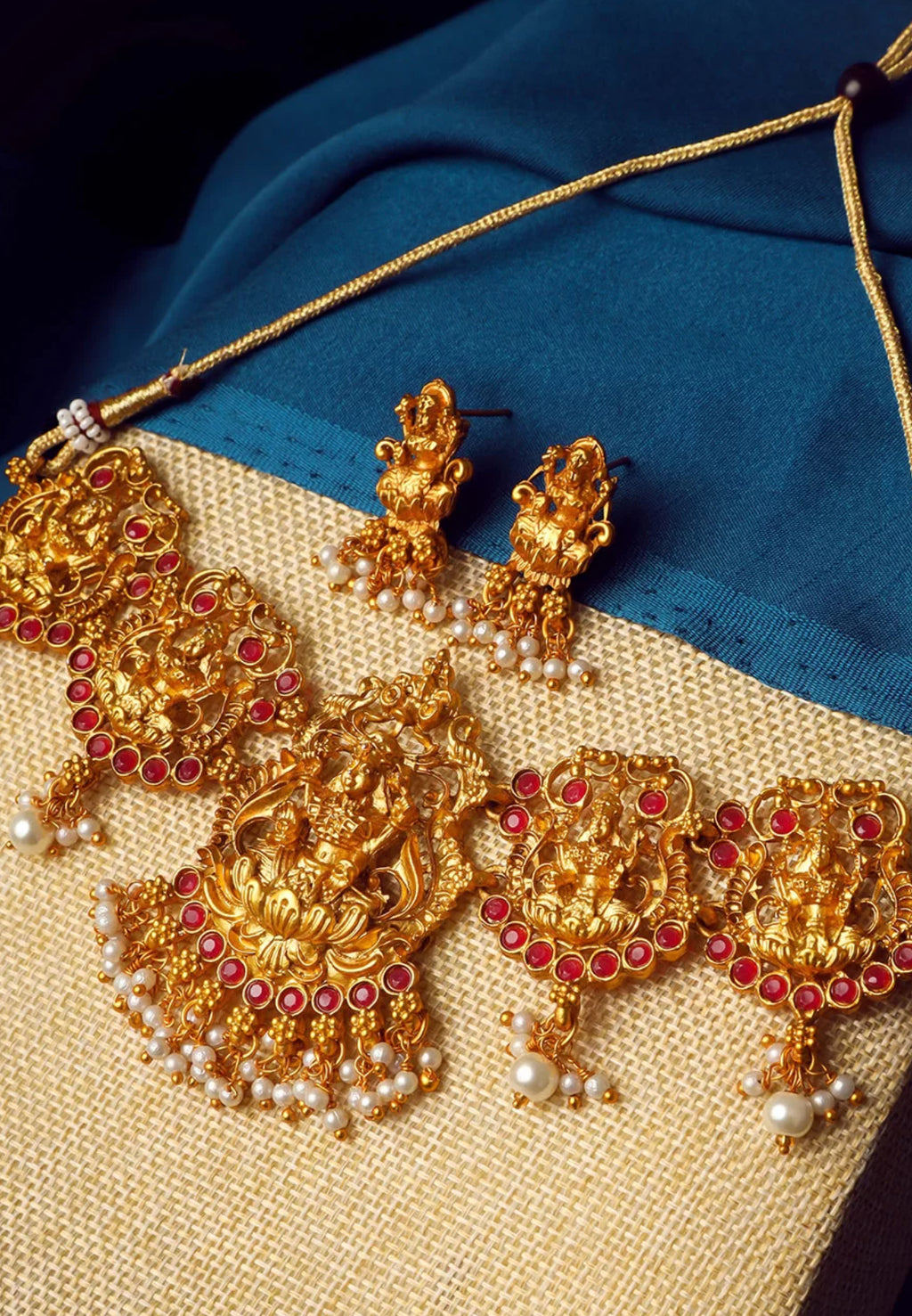 Gold-Plated Stone Studded & Beaded Lakshmi Goddess Temple Jewellery Set