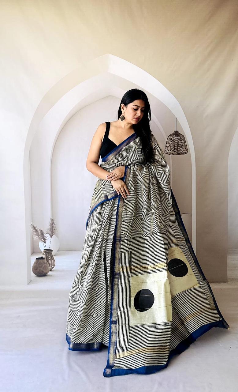 White colour pure maheshwari silk saree with bagru handblock printed work