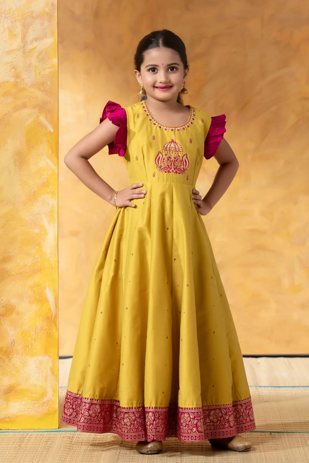 Lemon Green Kids Anarkali with Embroidery & Foil Work