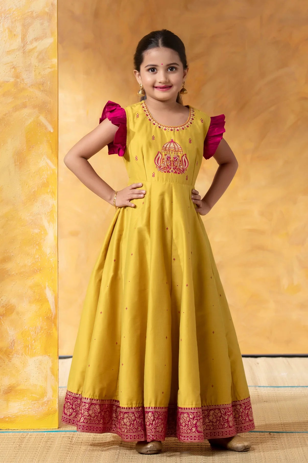 Lemon Green Kids Anarkali with Embroidery & Foil Work