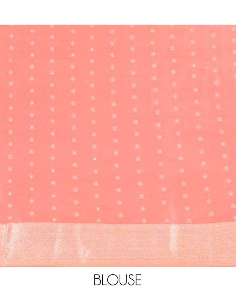 Orange Satin Silk Saree, Delicately Woven with Floral Buttas All Over Its Body, Complemented by a Contrast Border of Jaal Designs, Pallu of Jaal Designs in Zari, and Paired with a Contrast Blouse
