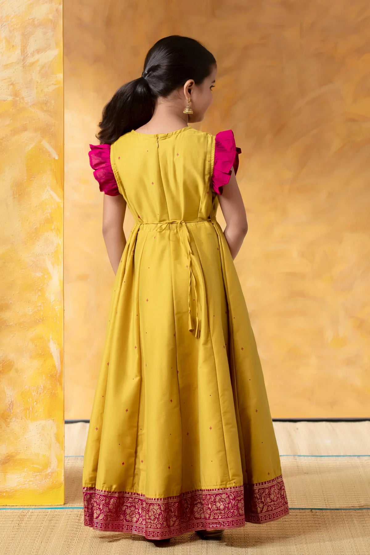 Lemon Green Kids Anarkali with Embroidery & Foil Work