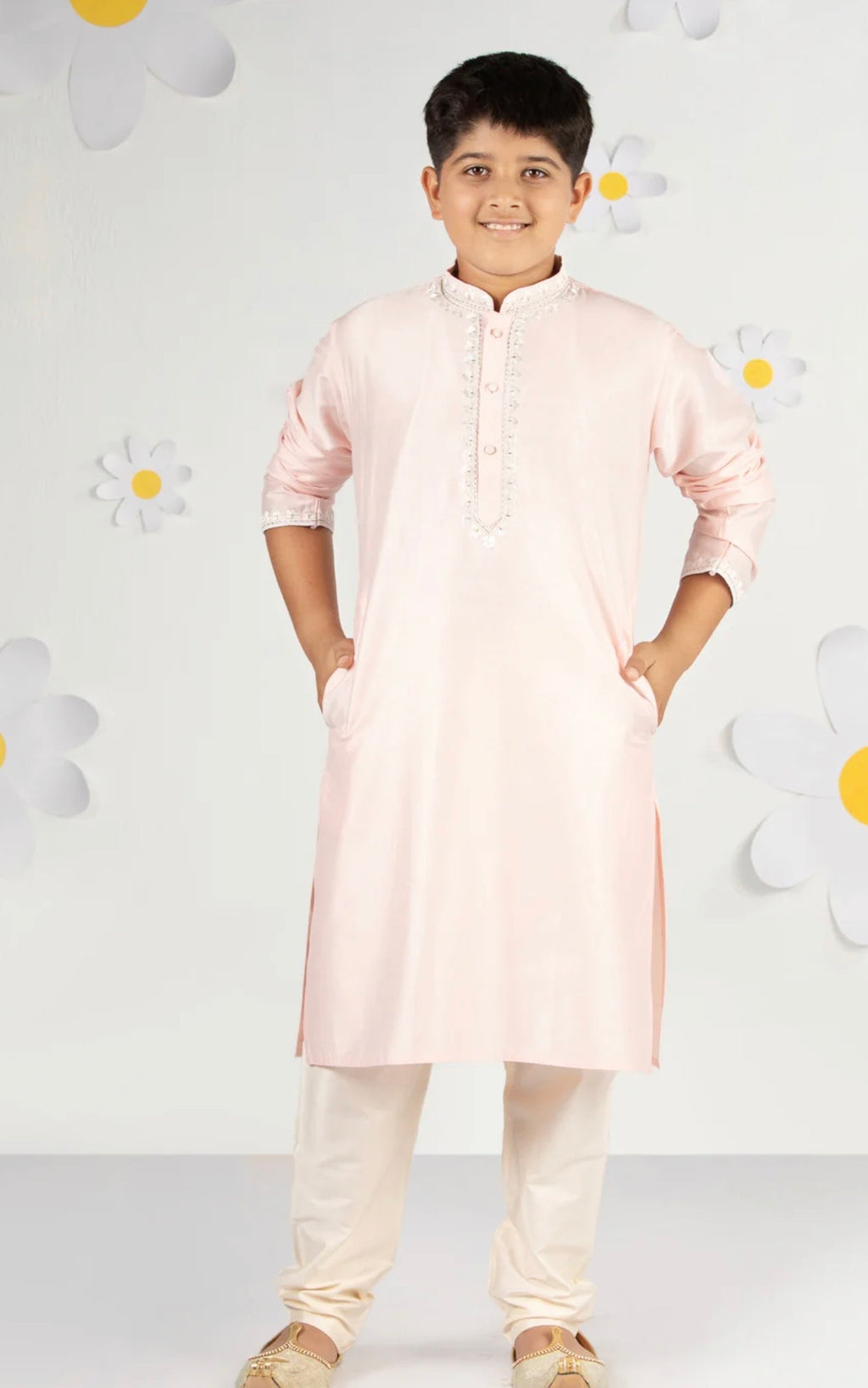 Boys Floral Yoke Design Thread Work Straight Kurta with Pyjamas