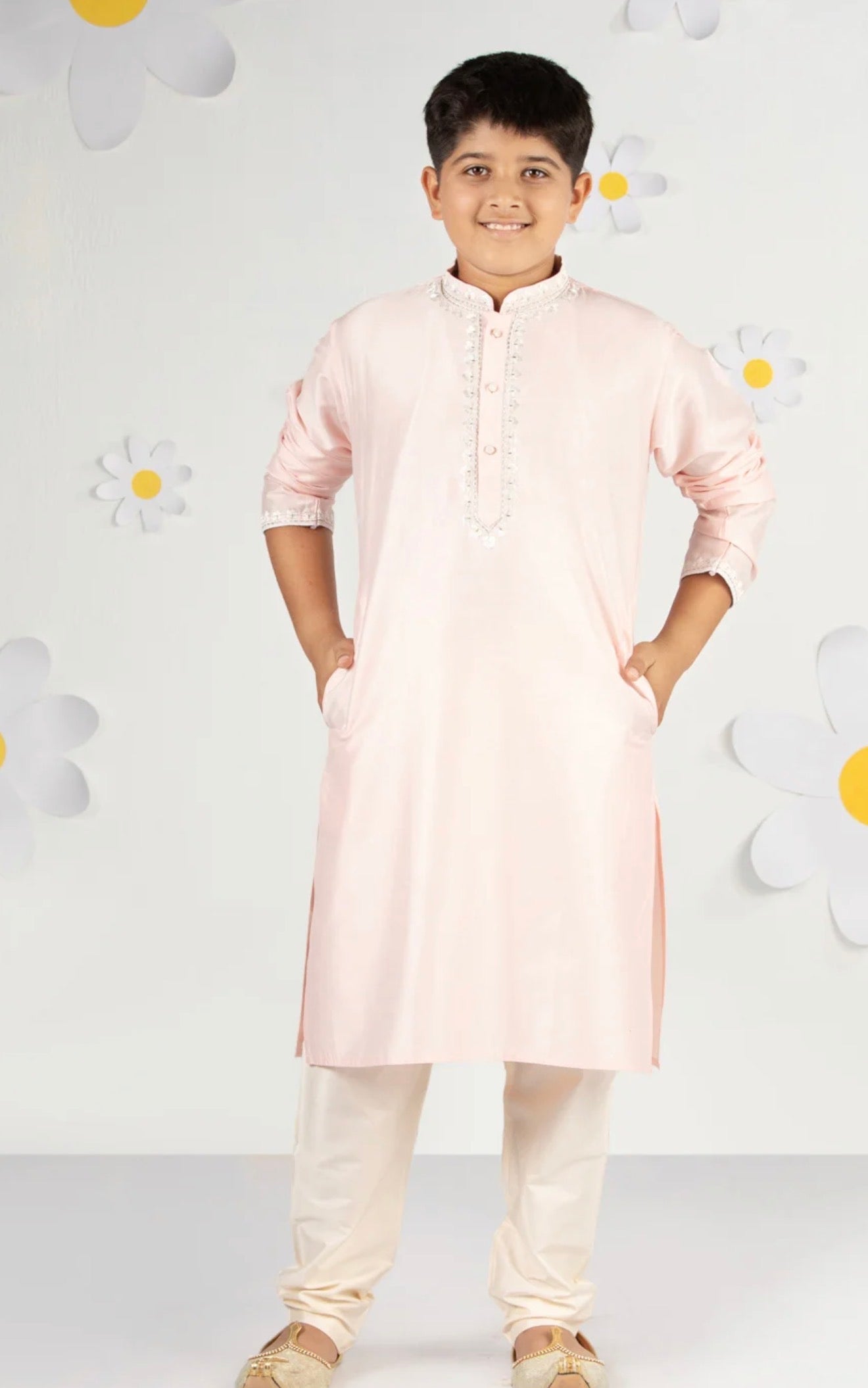 Boys Floral Yoke Design Thread Work Straight Kurta with Pyjamas