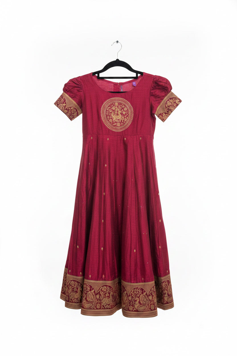 Mandala Printed Placement With Peacock Printed Border Anarkali Magenta