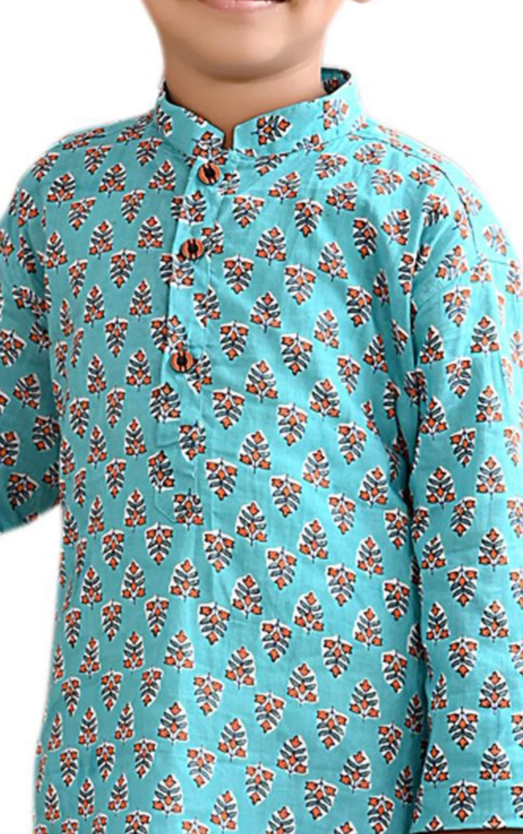 Blue Boys Ethnic Motifs Printed Mandarin Collar Cotton Straight Kurta