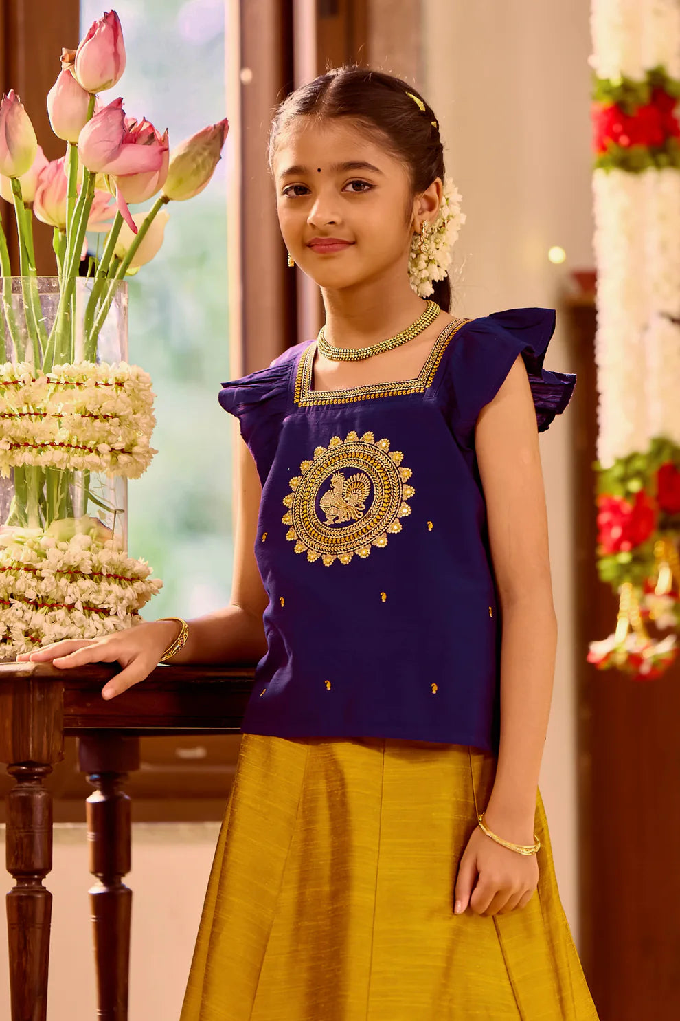 Purple & Mustard Kids Skirt Set with Annam Bird Embroidery