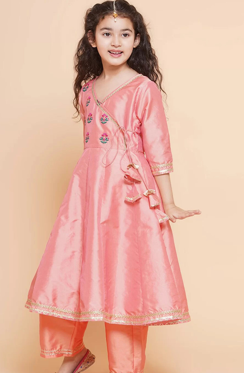 Girls embroidered Angrakha gotta patti kurta with trousers & dupatta