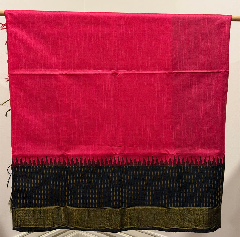 Pink plain dupion saree, contrast zari striped temple border, and zari striped pallu