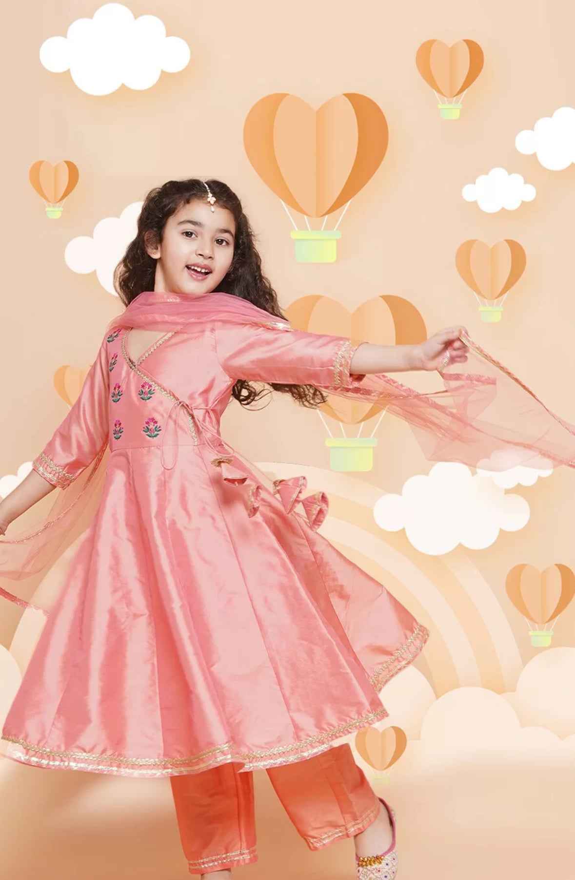 Girls embroidered Angrakha gotta patti kurta with trousers & dupatta