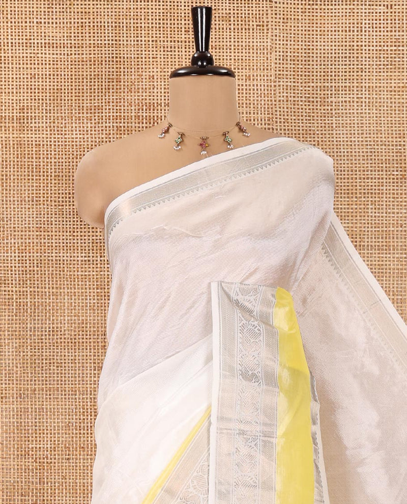 Off-White Mangalagiri Silk Saree, Sparsely Woven Stripes On Its Body, Complemented by Contrast Border