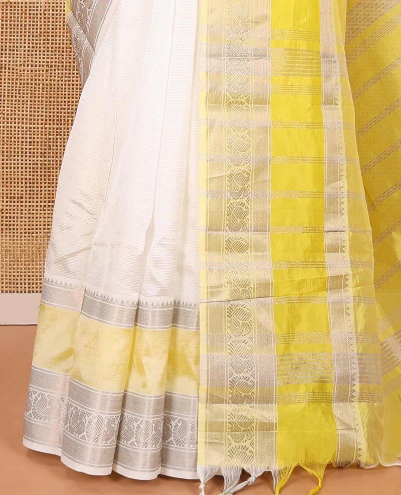 Off-White Mangalagiri Silk Saree, Sparsely Woven Stripes On Its Body, Complemented by Contrast Border