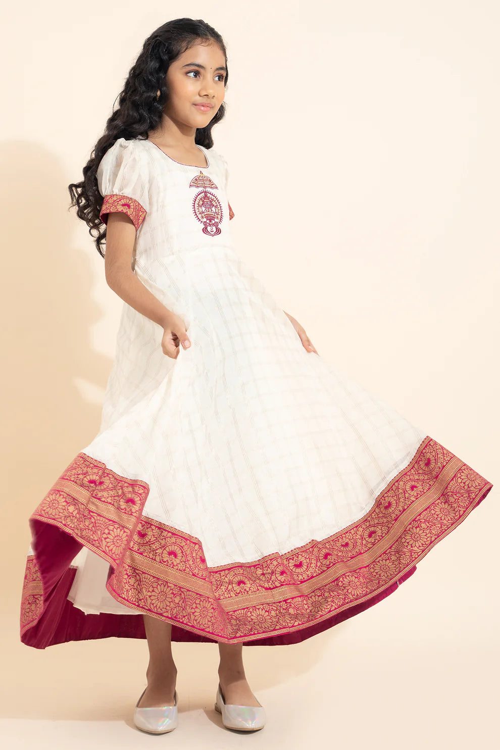 Kathakali Embroidered Kids Anarkali - Off-White & Pink
