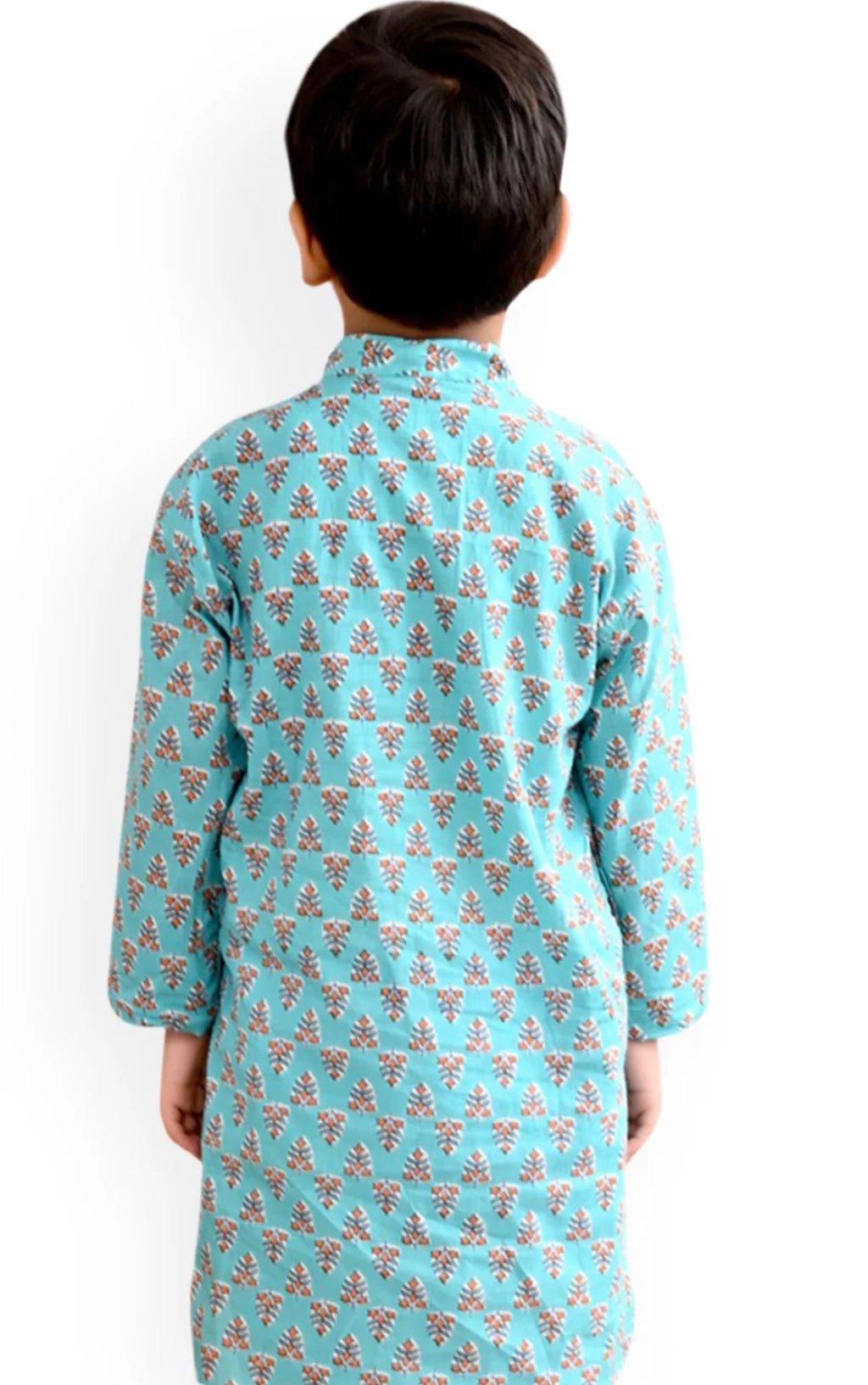 Blue Boys Ethnic Motifs Printed Mandarin Collar Cotton Straight Kurta