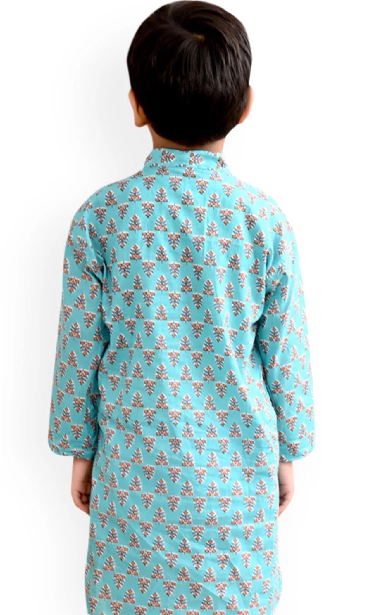 Blue Boys Ethnic Motifs Printed Mandarin Collar Cotton Straight Kurta