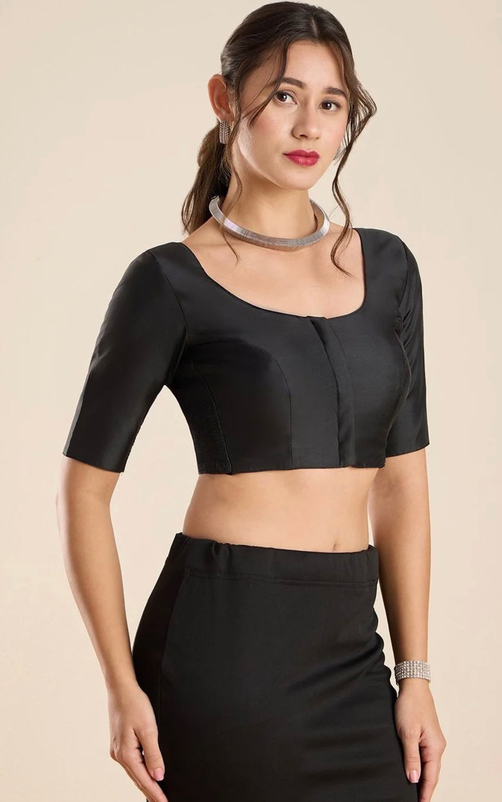Stretchable Black Silk Round FlexiFit Padded Readymade Saree Blouse