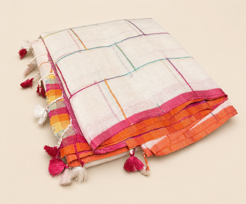 Checked linen cotton saree with contrast pallu of colourful floral motifs
